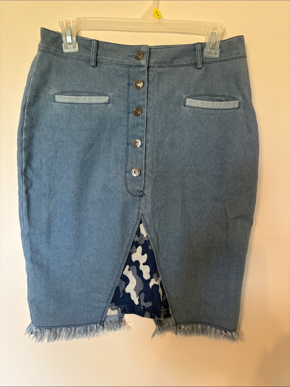 POL Light Blue Denim Button-Front Pencil Skirt with Center Slit